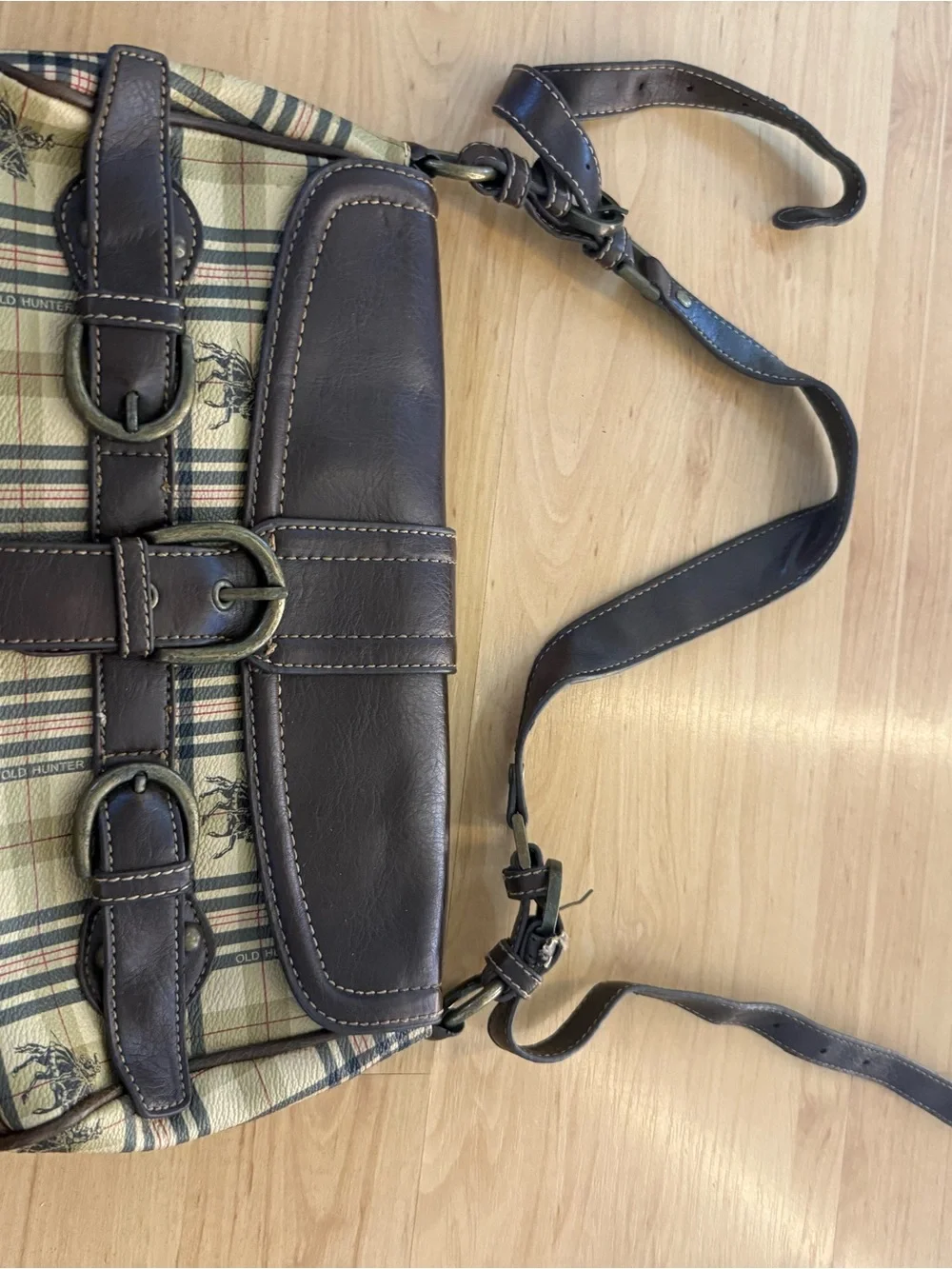 Hunter Plaid Messenger Bag with Dark Brown Leather Trim